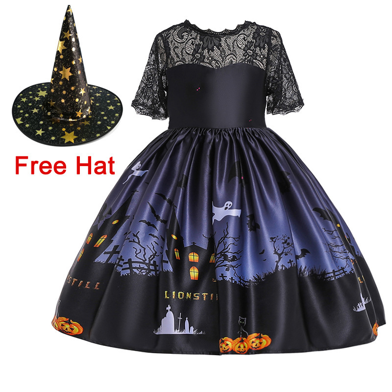 Kids Girls Halloween Costume Dress w/Witch Hat