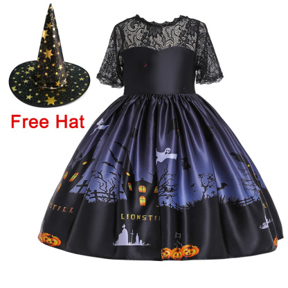 Kids Girls Halloween Costume Dress w/Witch Hat