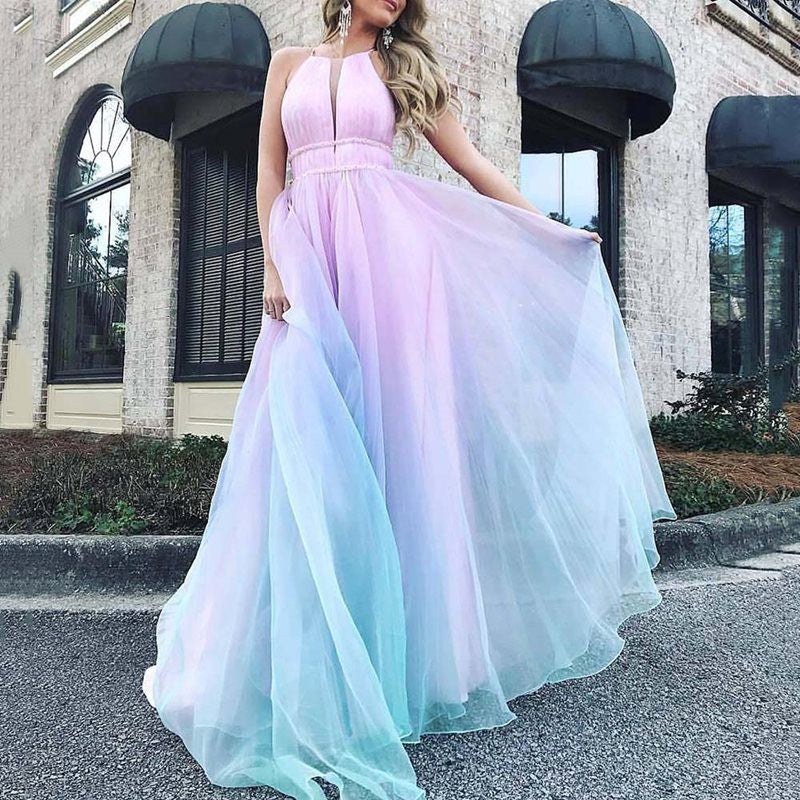 Tie Dye Spaghetti Strap Gradient Color Flowy Backless Elegant Maxi Dress