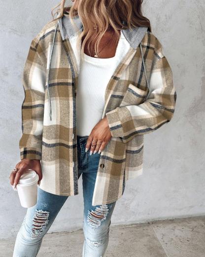 Plaid Pattern Long Sleeve Shacket Button Down Fleece Lined Hooded Jackets Warm Coat