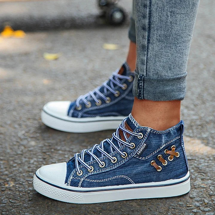 Women‘s Fashion Casual Denim Wear-Resistant High-Top Sneakers