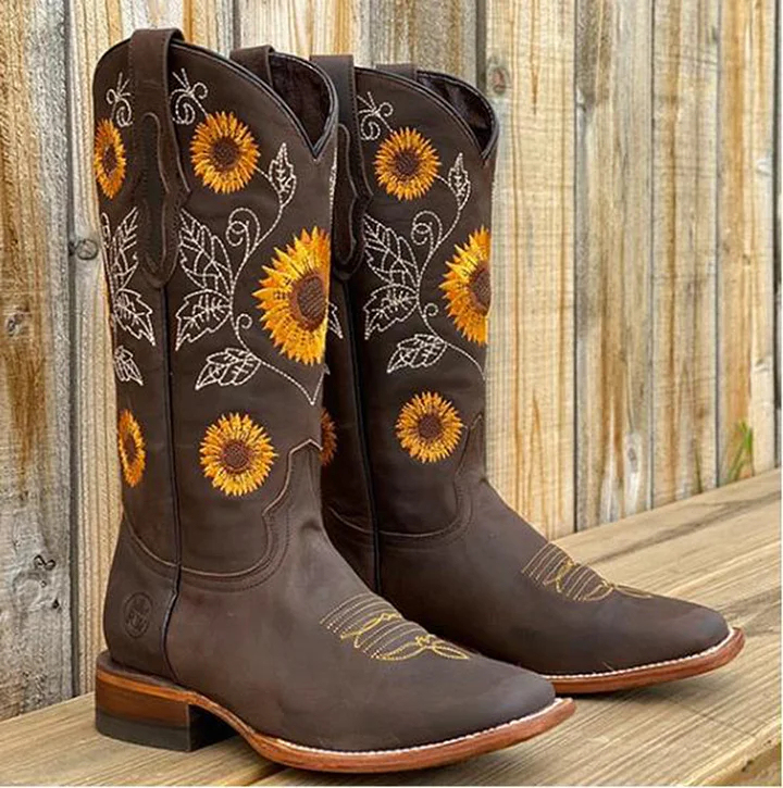 Women's Sunflower Boots Short Boots Embroidered Slope Heeled Casual Boots