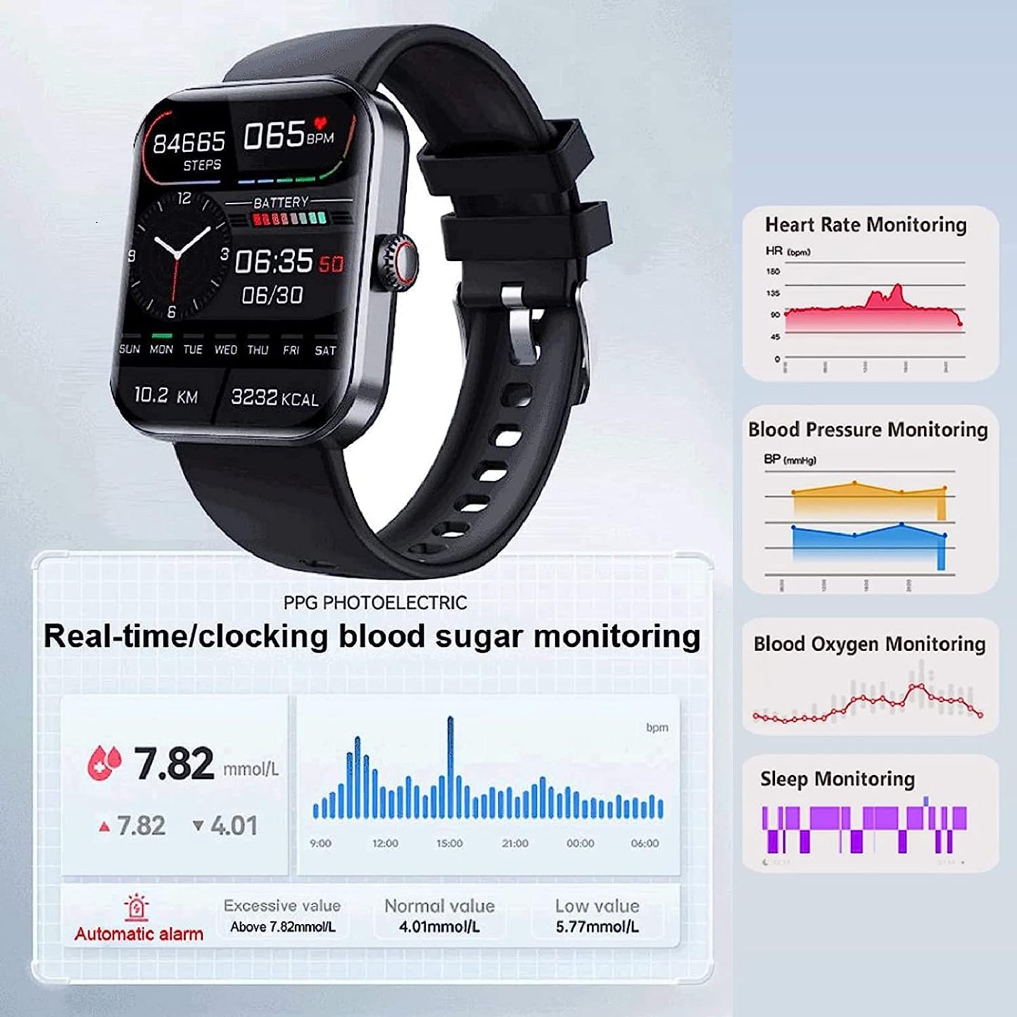 Blood Pressure & Blood Sugar Smart Watch Bluetooth Fashion Smartwatch