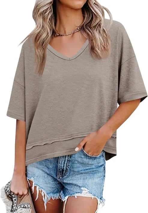 Women's V-neck Mid-length Sleeve Spliced Hem Basic Top
