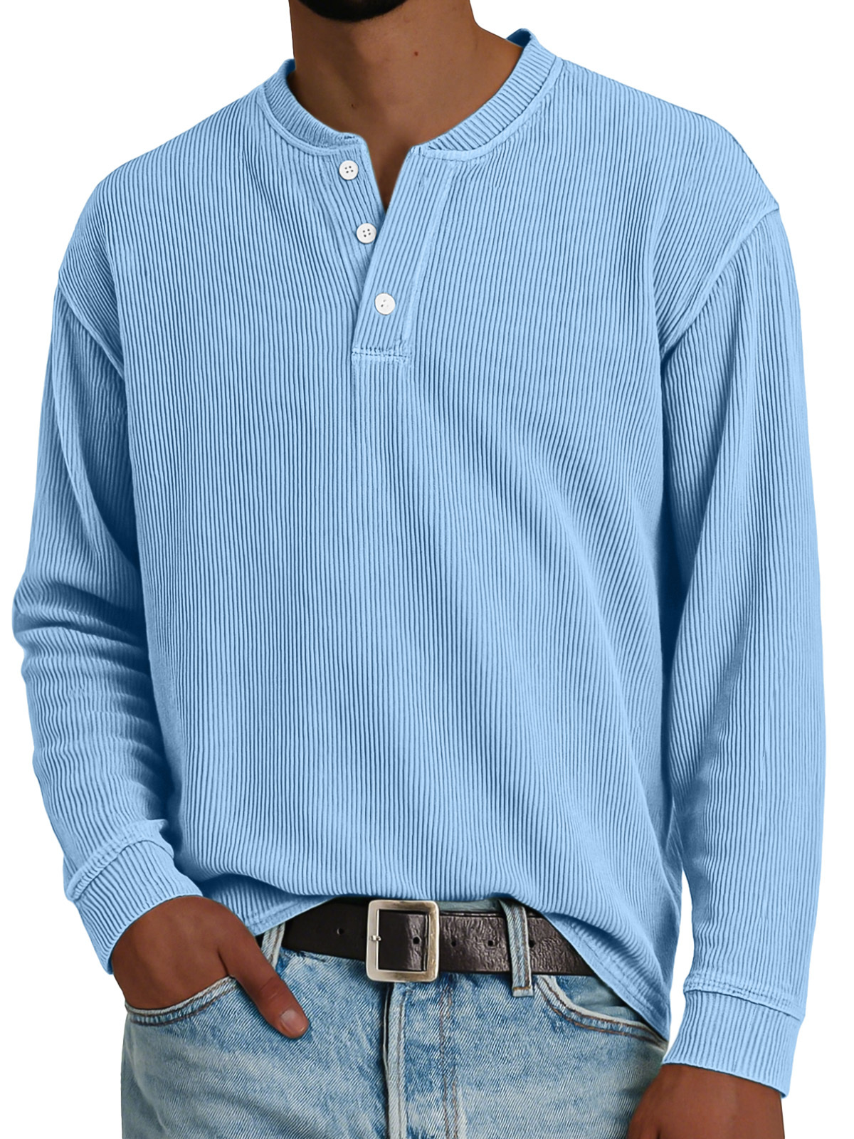 Men's Simple Loose Vertical Pit Strip Long-sleeved Henley Shirt