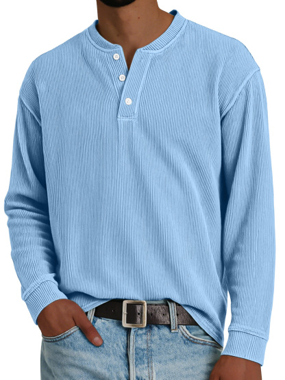 Men's Simple Loose Vertical Pit Strip Long-sleeved Henley Shirt