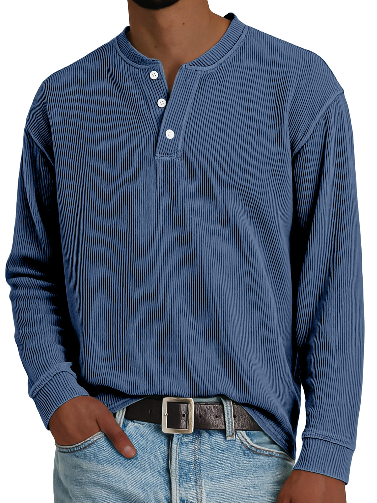 Men's Simple Loose Vertical Pit Strip Long-sleeved Henley Shirt