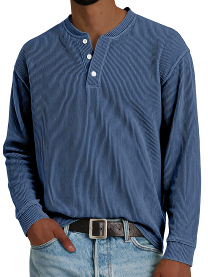 Men's Simple Loose Vertical Pit Strip Long-sleeved Henley Shirt