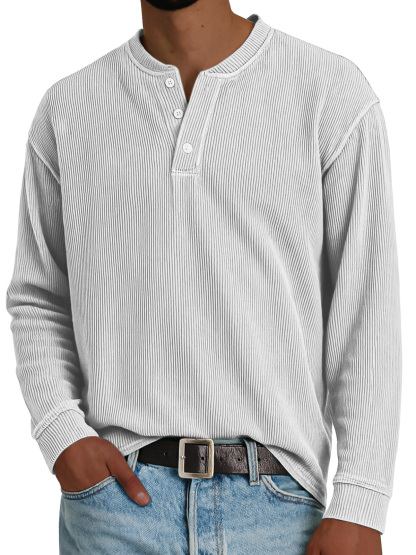 Men's Simple Loose Vertical Pit Strip Long-sleeved Henley Shirt