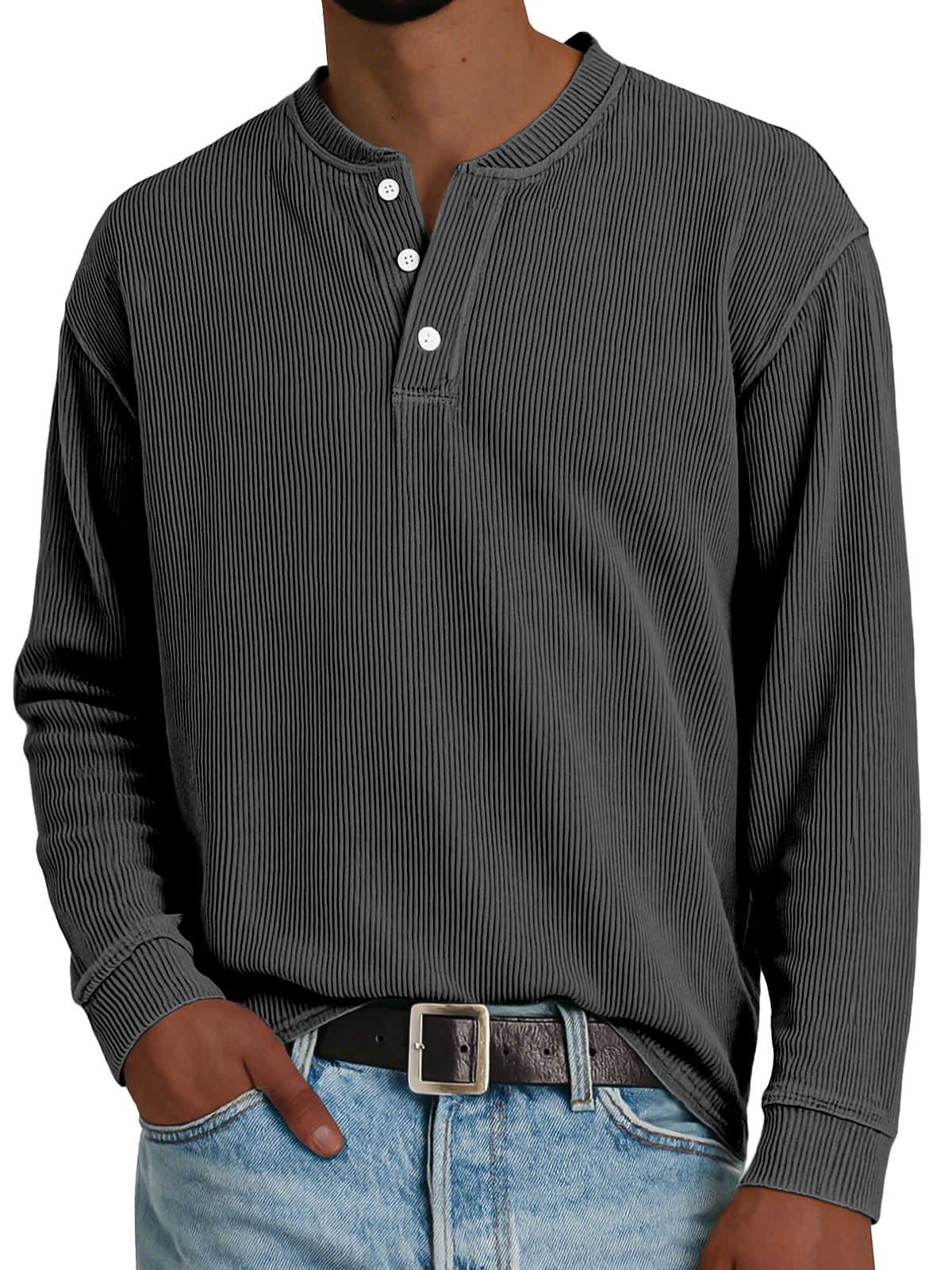 Men's Simple Loose Vertical Pit Strip Long-sleeved Henley Shirt