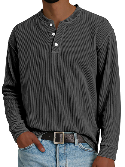 Men's Simple Loose Vertical Pit Strip Long-sleeved Henley Shirt