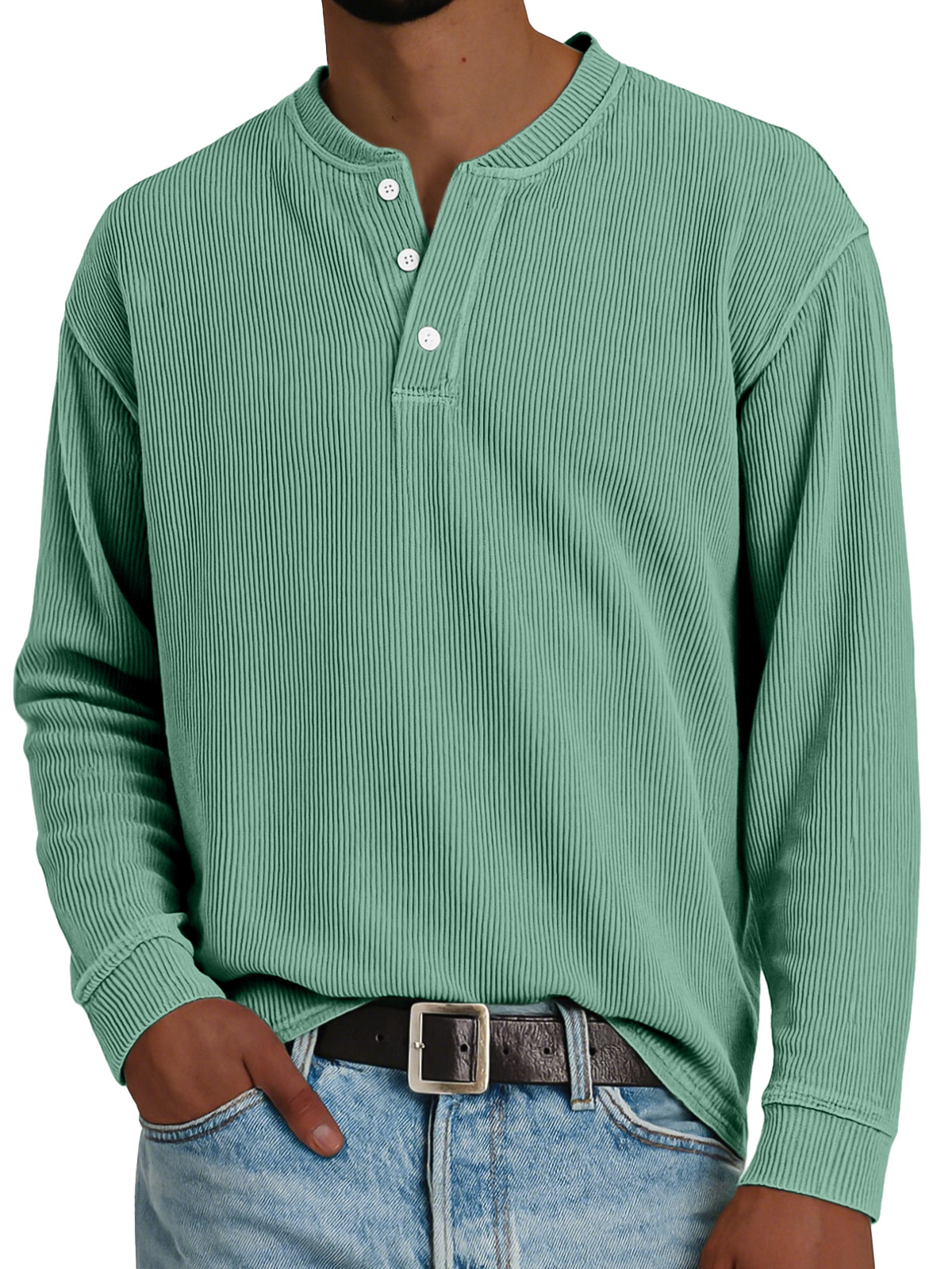 Men's Simple Loose Vertical Pit Strip Long-sleeved Henley Shirt