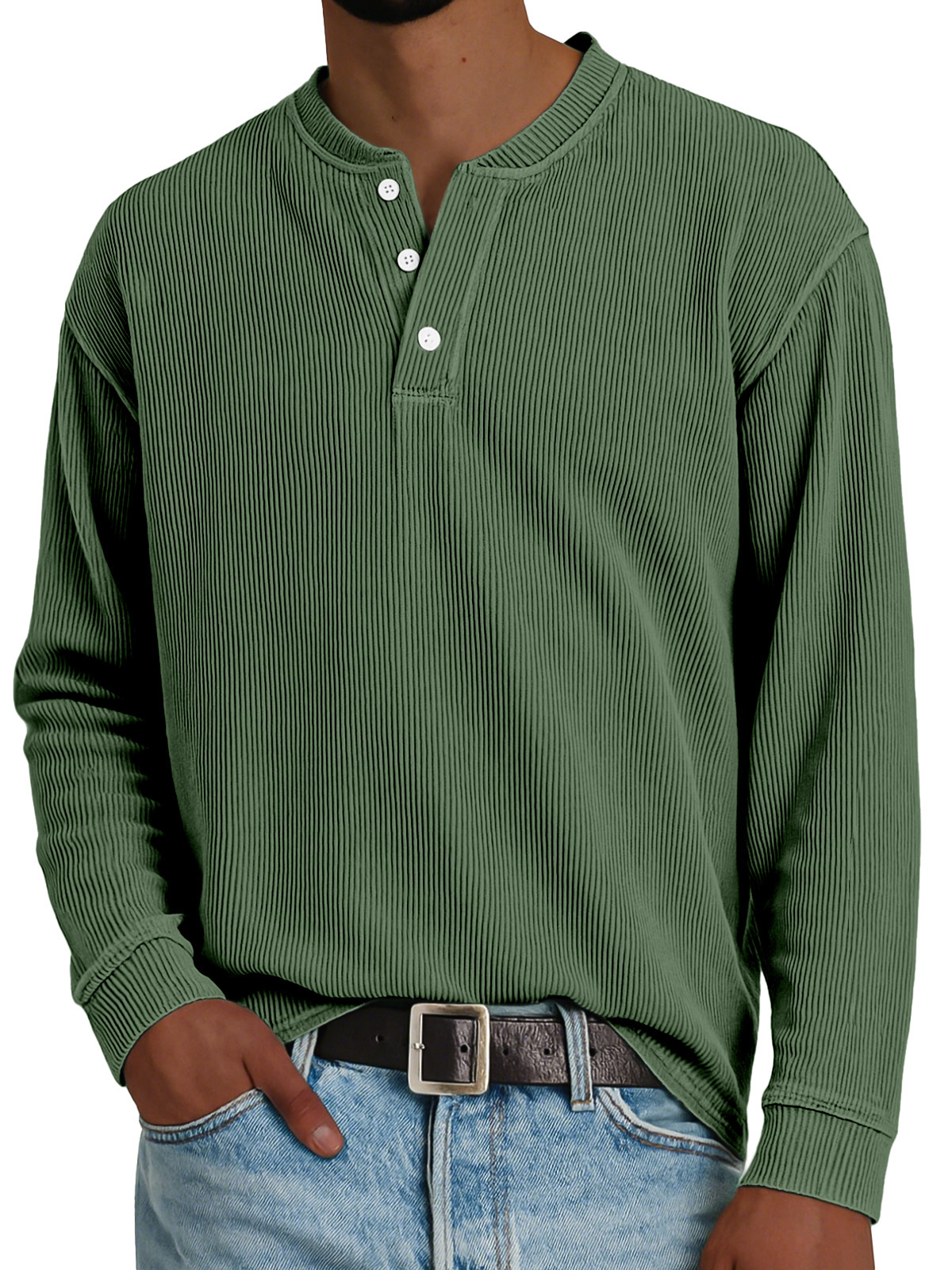 Men's Simple Loose Vertical Pit Strip Long-sleeved Henley Shirt