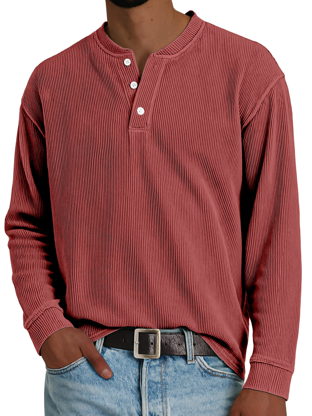 Men's Simple Loose Vertical Pit Strip Long-sleeved Henley Shirt