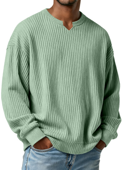 Men's Simple Vertical Ribbed Small V-neck Casual Loose Long-sleeved T-shirt