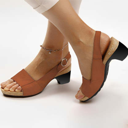 Orthopedic Women Sandals (Top Grain Leather) Breathable Arch Support Wedge Slip on Vintage Summer