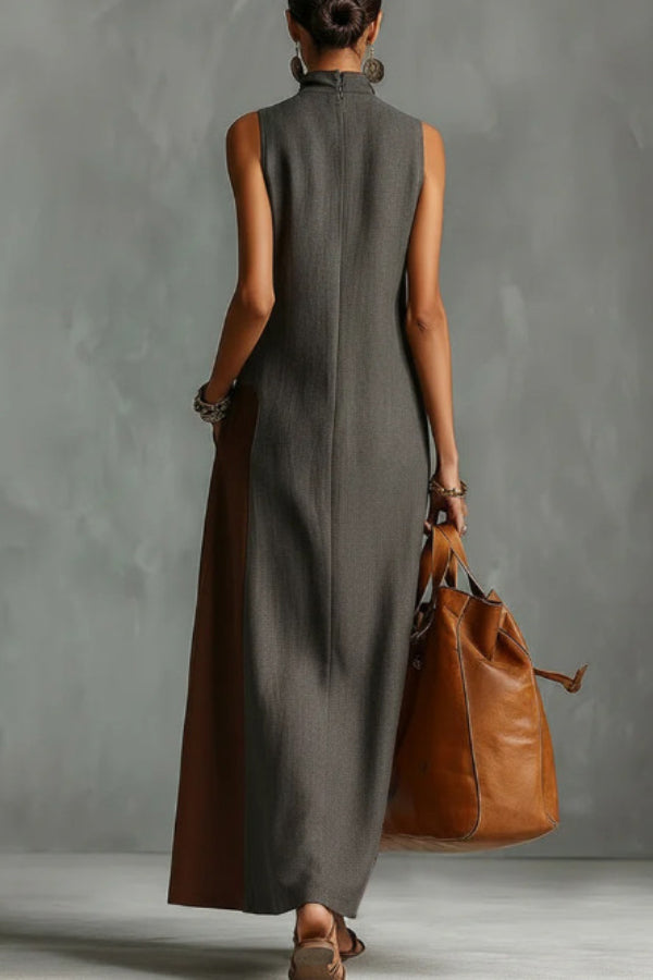 Stylish Color-blocked High-neck Sleeveless Casual Pocket Maxi Dress