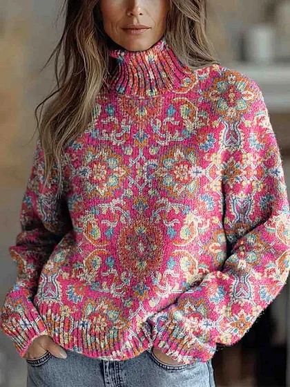 Women's Vintage Lovely Floral Art Print Knit Turtleneck Pullover Sweater