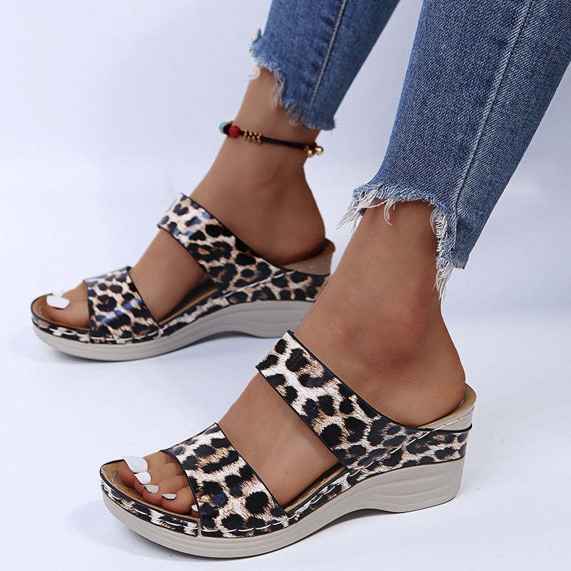 2024 🌹 New Leopard Print Leather Wedge Soft Sole Sandals