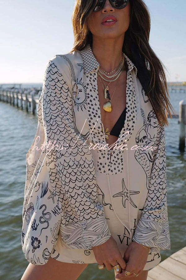 Live By Water Satin Unique Letter Print Tassle Shirt and Elastic Waist Shorts Set