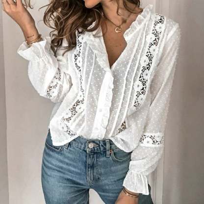 Women's Lace Trim Solid Color Casual Shirt