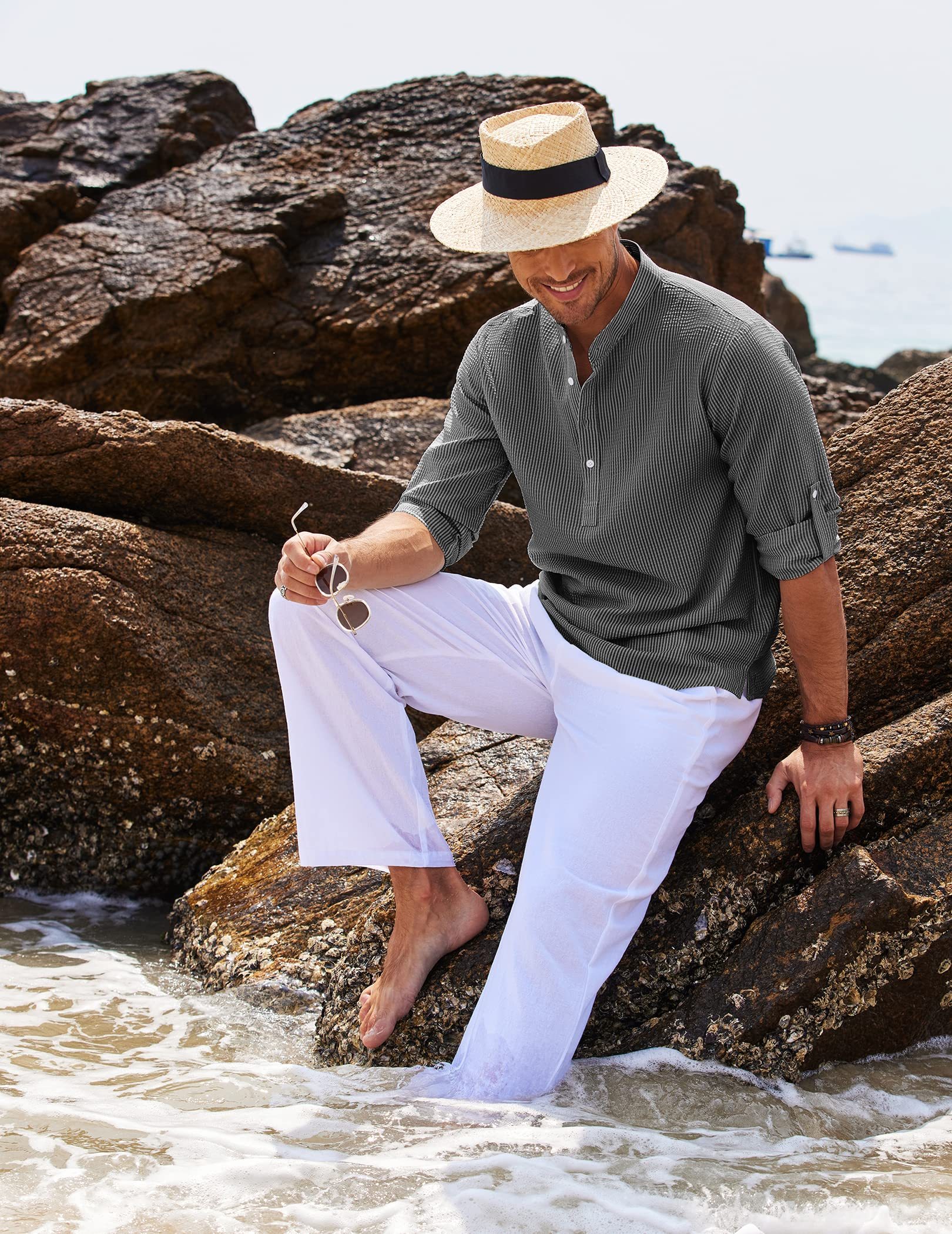 Men's Linen Henley Shirt Beach T Shirts Vertical Striped Hawaiian Shirts