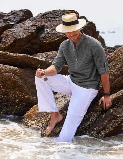 Men's Linen Henley Shirt Beach T Shirts Vertical Striped Hawaiian Shirts