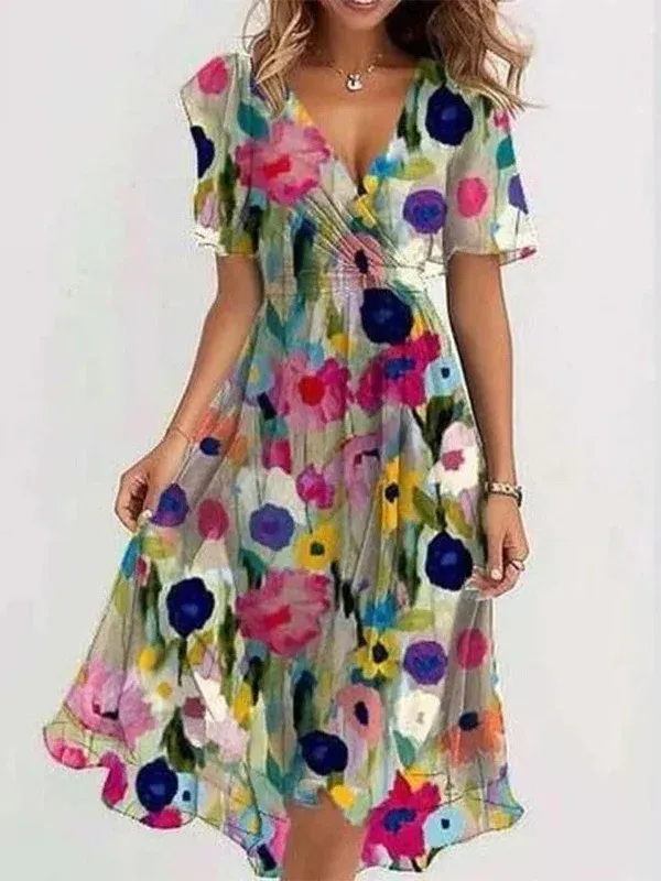 Women's Short Sleeve Summer Green Floral Printing V Neck Daily Going Out Vintage Maxi A-Line Ruffle Skirt Dress