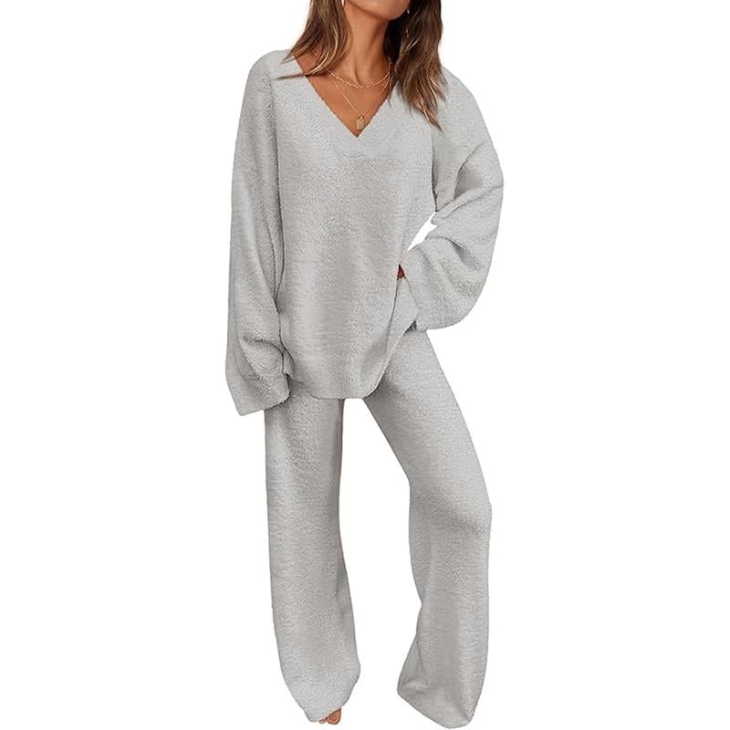 PRETTYGARDEN Women's 2-Piece Lounge Set Soft Chunky V Neck Tops & Wide Leg Long Pants Basic Tracksuit Loungewear Minimalist Homewear Pajama[Buy 2 Free Shipping]