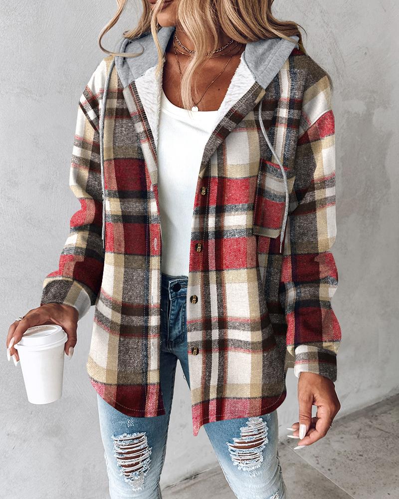 Plaid Pattern Long Sleeve Shacket Button Down Fleece Lined Hooded Jackets Warm Coat