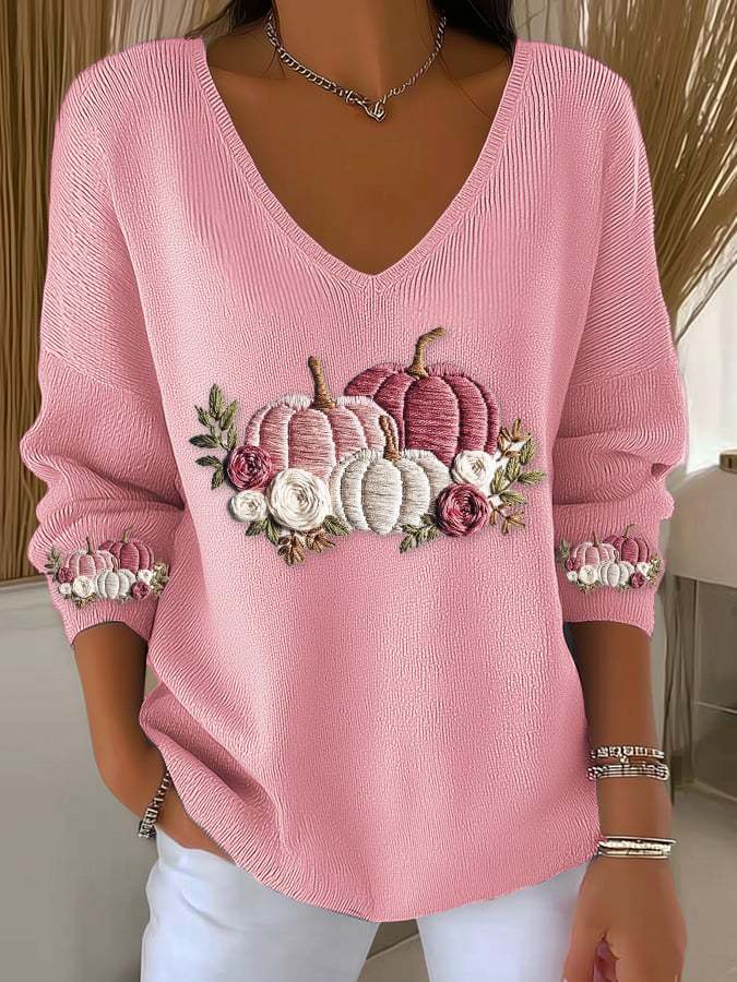 Women's casual pink pumpkin long-sleeved T-shirt knitted ribbed long-s