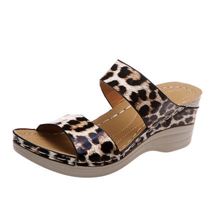 2024 🌹 New Leopard Print Leather Wedge Soft Sole Sandals