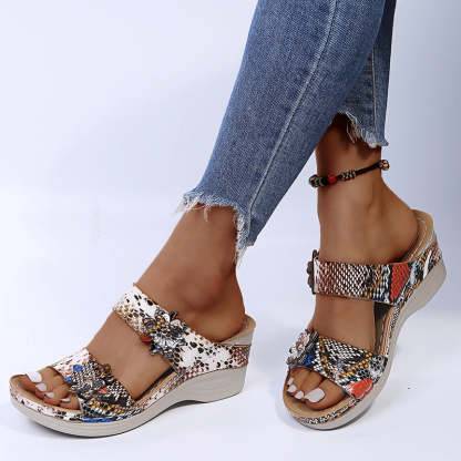 2024 🌹 New Leopard Print Leather Wedge Soft Sole Sandals