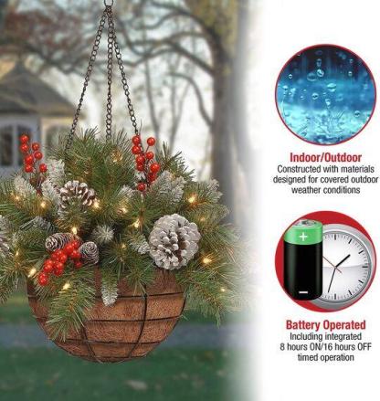 Pre-lit Artificial Christmas Hanging Basket Flocked with Mixed Decorations and White LED Lights