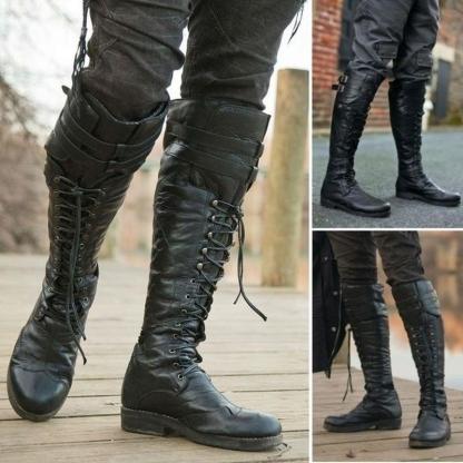 Men's Medieval Knee High Boots Cross Strap Lace Up Shoes Flat Cool Moto Boots Tall Renaissance Boots Fall Winter