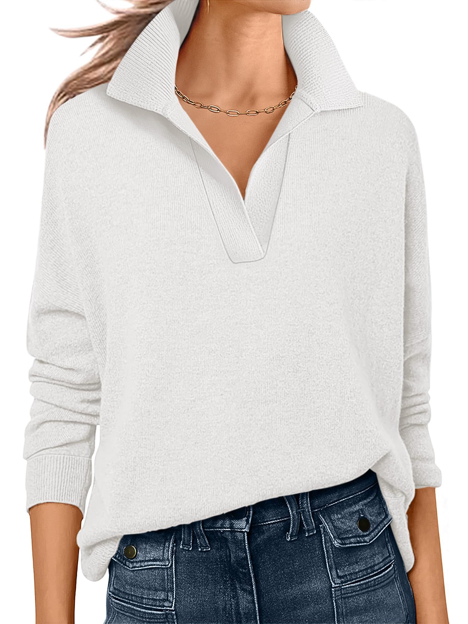 Womens Polo V Neck Long Sleeve Sweaters Lightweight Dressy Casual Business Basic Knit Pullover Top
