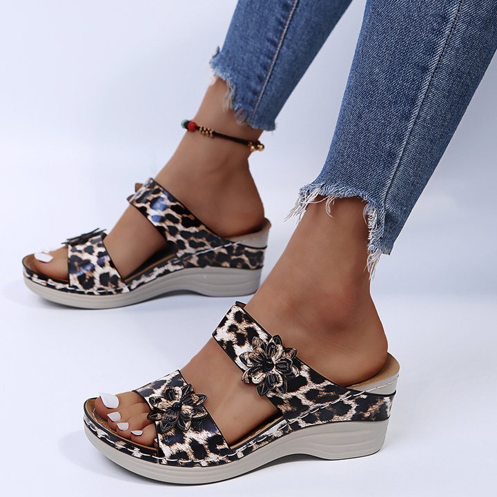 2024 New Leopard Print Leather Wedge Soft Sole Sandals for Women