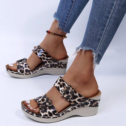 2024 New Leopard Print Leather Wedge Soft Sole Sandals for Women