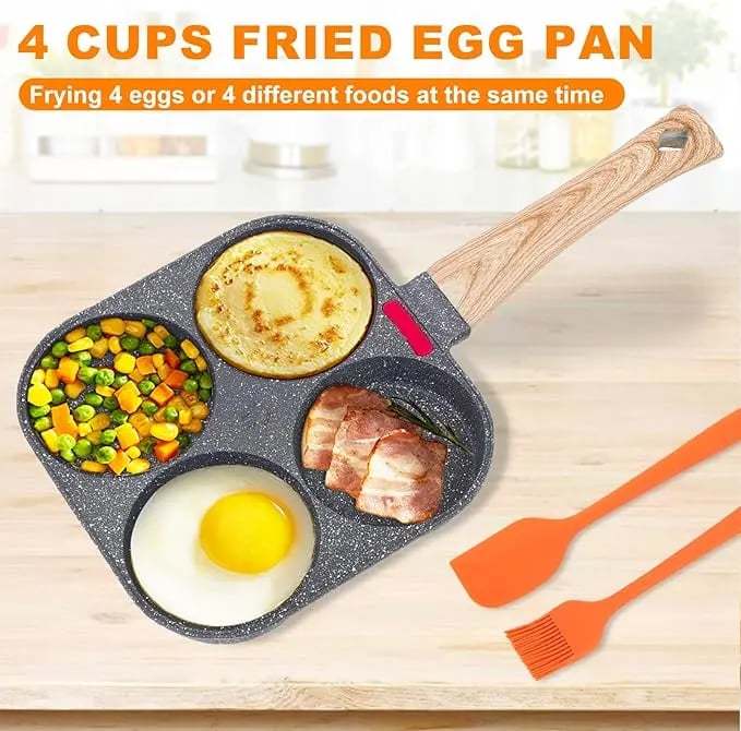 Non-stick Egg Frying Pan, 4 Holes Skillet With Handle, Multifunctional, Wooden Handle Medical Stone Omelet Non-stick Cookware frying pan