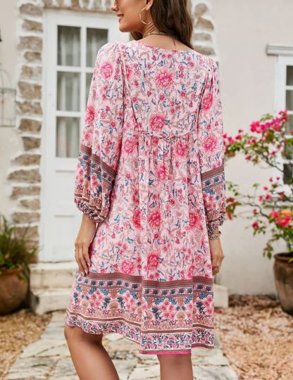 Women's V Neck 3/4 Sleeve Short Floral Print Flowy Dress