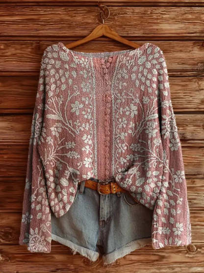 Women's Pink Floral Print Sweater - 3D Digital Floral Print High Neck Loose Fit Sweater with Ruffled Edges