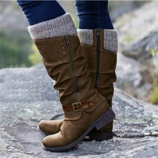 Women’s Leather Flat Heel Mid-Calf Zipper Boots