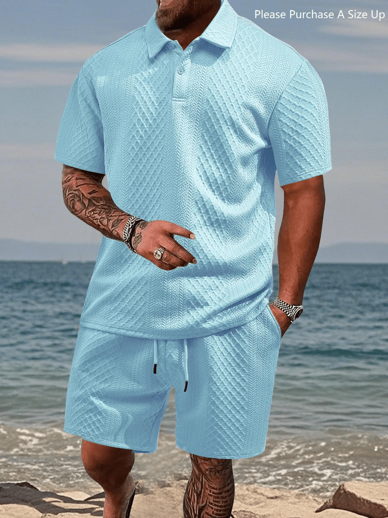 Men's Solid Polo Shirt & Drawstring Waist Shorts Set, Cozy Breathable Two-piece Outfits