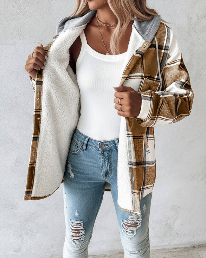 Plaid Pattern Long Sleeve Shacket Button Down Fleece Lined Hooded Jackets Warm Coat