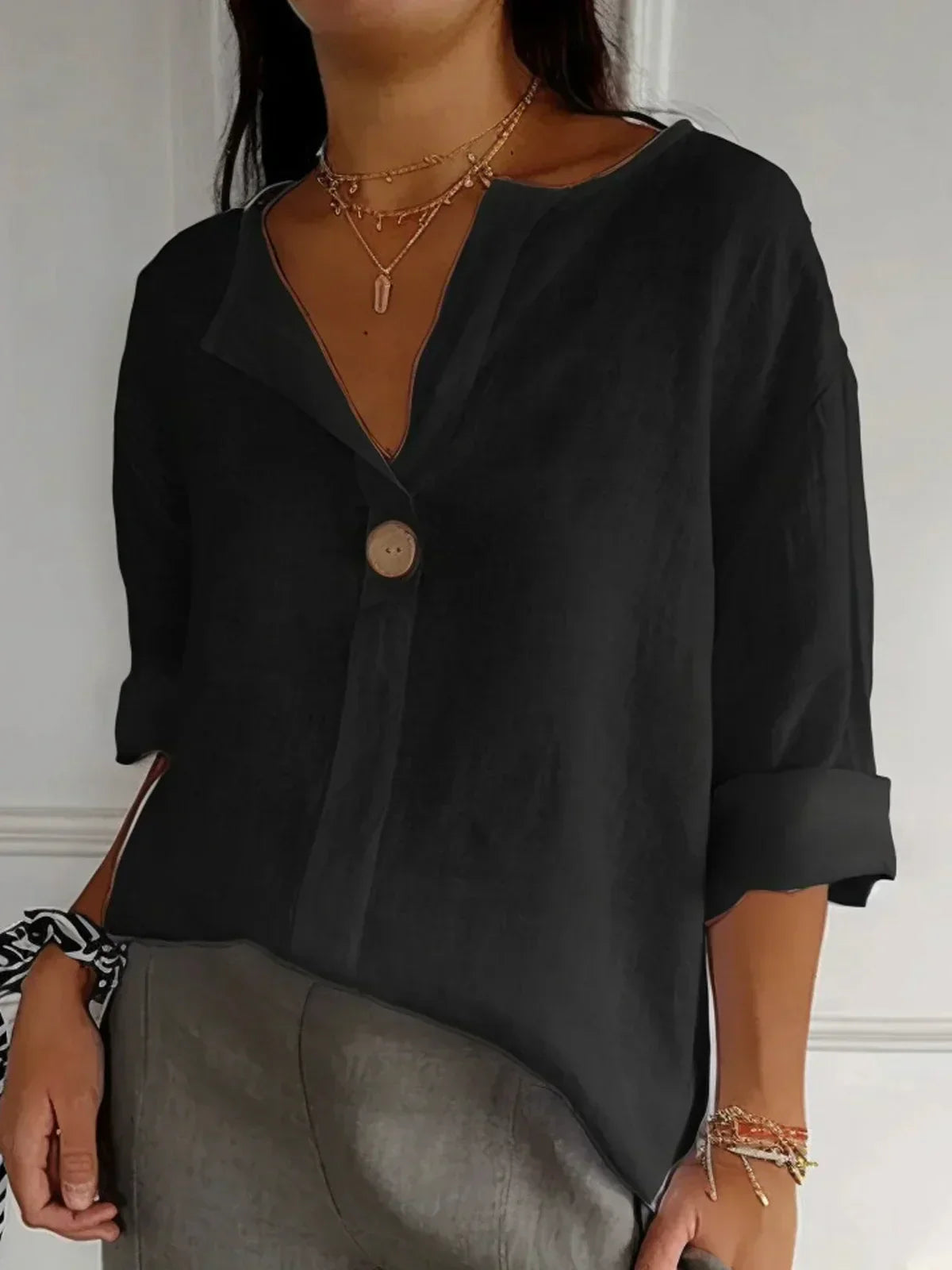 Linen V-Neck Casual Blouse