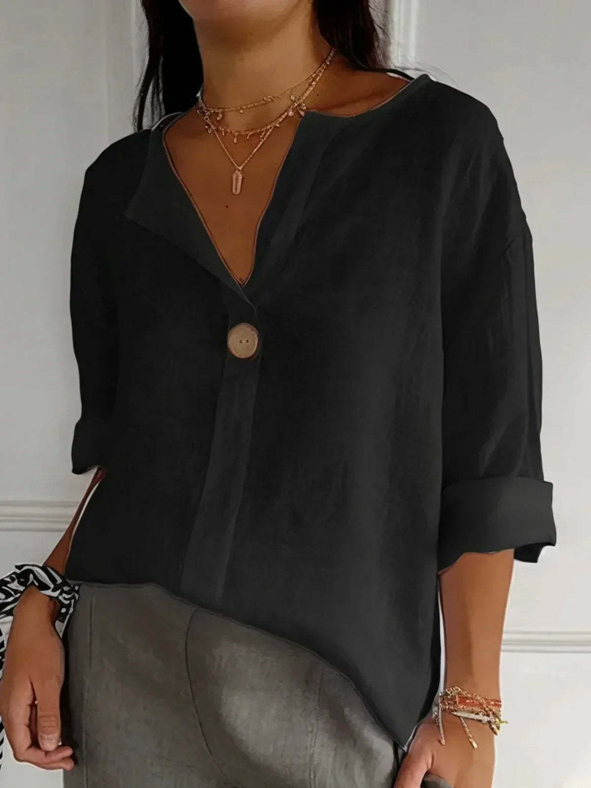 Linen V-Neck Casual Blouse