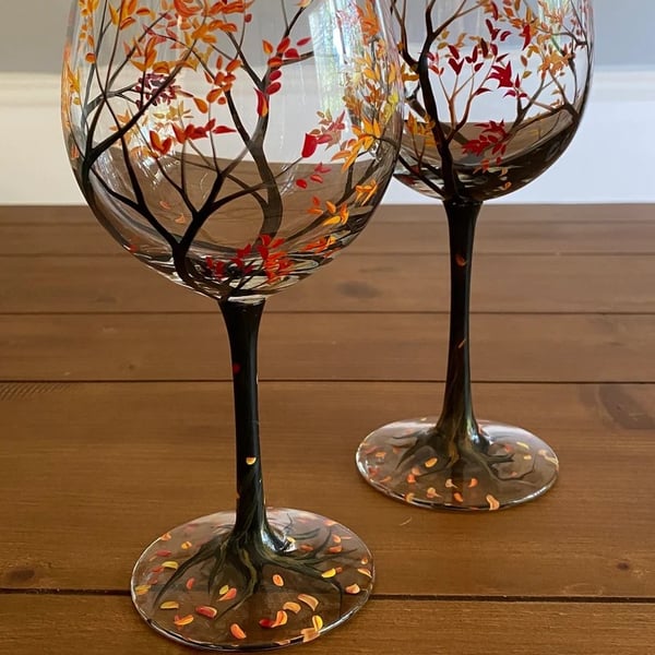 Hand Painted Art - Four Seasons Tree Wine Glasses