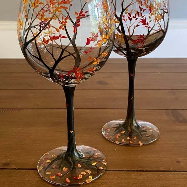 Hand Painted Art - Four Seasons Tree Wine Glasses