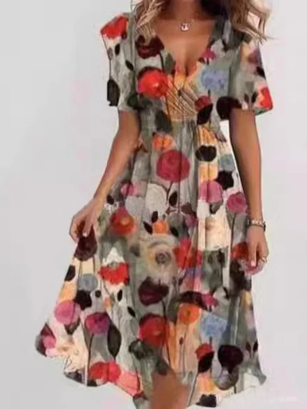 Women's Short Sleeve Summer Green Floral Printing V Neck Daily Going Out Vintage Maxi A-Line Ruffle Skirt Dress