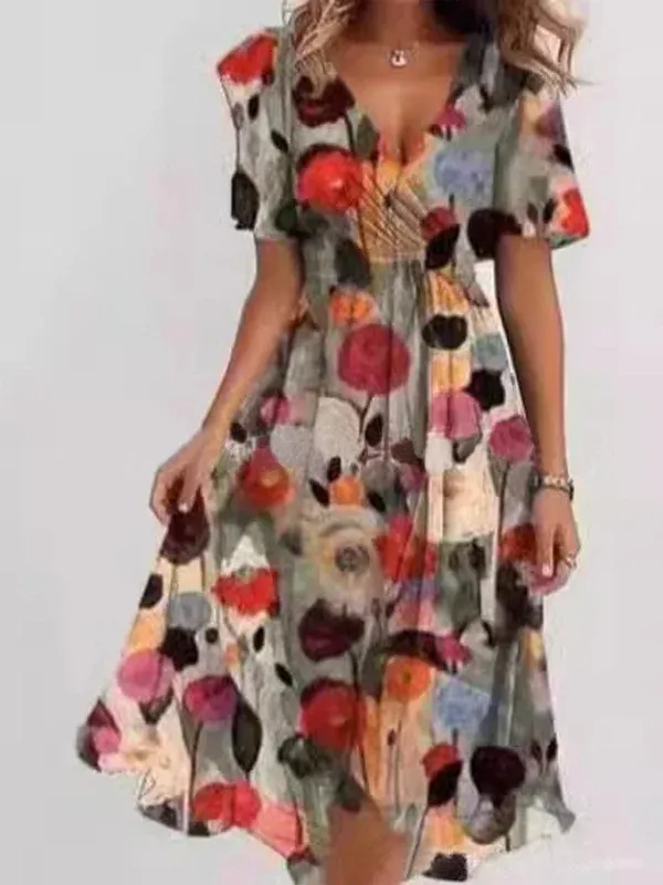 Women's Short Sleeve Summer Green Floral Printing V Neck Daily Going Out Vintage Maxi A-Line Ruffle Skirt Dress